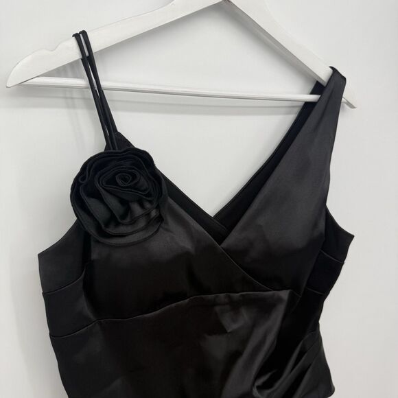 JS Boutique Black Satin Tank Top Formal Size Large Y2k Style Rosette - Picture 2 of 9